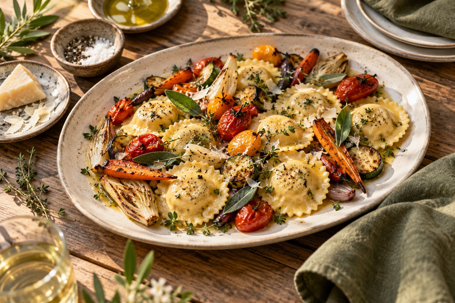 Une table chaleureuse, des raviolis et des légumes de saison